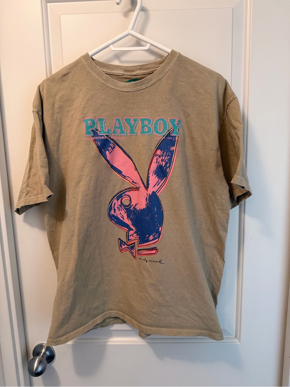 PLAYBOY Andy Warhol Tan Tee with Pink & Blue Bunny Graphic